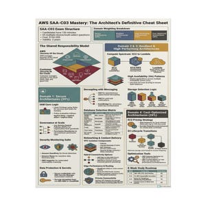 May include: A white educational poster titled AWS SAA-C03 Mastery: The Architect's Definitive Cheat Sheet. It features diagrams, charts, and text detailing exam structure, shared responsibility models, domain weighting, and various cloud architecture concepts.
