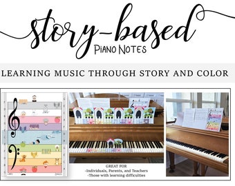Könnte beinhalten: Eine farbenfrohe Klavierlernressource mit dem Text "story-based piano notes" und "learning music through story and color". Das Bild zeigt ein Klavier mit bunten Karten auf den Tasten und ein gedrucktes Notenblatt mit einem Violinschlüssel und Noten.