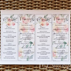 May include: Four printable cards with a floral design and the word "Minister" at the top. Each card has a list of steps for ministering to others, including "Meet", "Individual", "Needs", "Inspiration", "Serve", "Teach", "Eternal", and "Relationship".