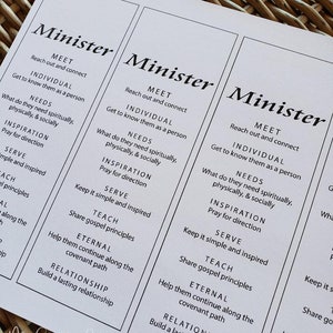 May include: A printable worksheet with the word "Minister" at the top and a list of steps to follow, including "Meet", "Individual", "Needs", "Inspiration", "Serve", "Teach", "Eternal", and "Relationship".