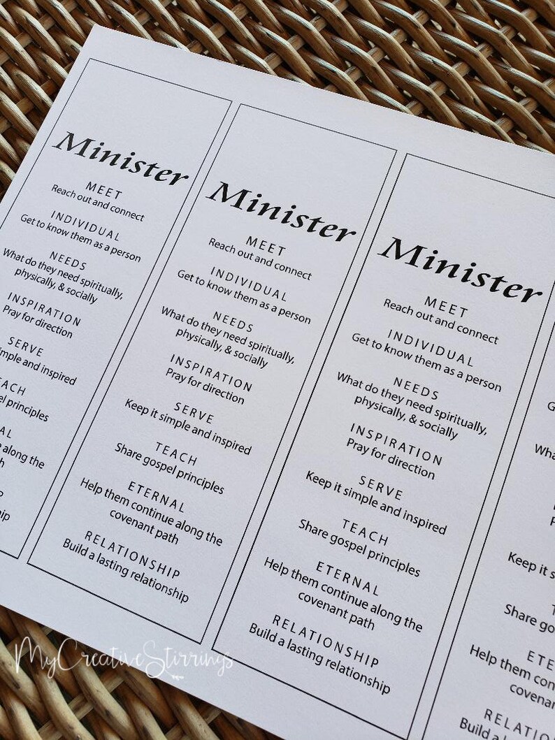 May include: A printable worksheet with the word "Minister" at the top and a list of steps to follow, including "Meet", "Individual", "Needs", "Inspiration", "Serve", "Teach", "Eternal", and "Relationship".