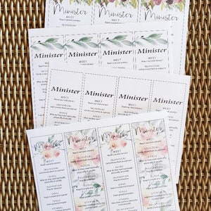 May include: A set of printable cards with a floral design and the word "Minister" at the top. The cards list steps to minister to others, including "Meet", "Individual", "Needs", "Inspiration", "Serve", "Teach", "Eternal", and "Relationship".