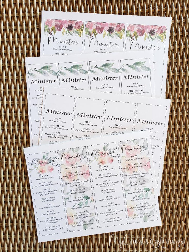 May include: A set of printable cards with a floral design and the word "Minister" at the top. The cards list steps to minister to others, including "Meet", "Individual", "Needs", "Inspiration", "Serve", "Teach", "Eternal", and "Relationship".