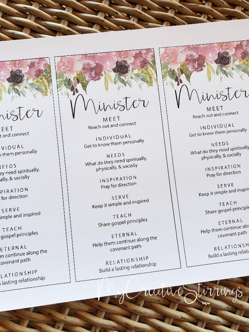 May include: A printable guide with pink floral accents and the word "Minister" in a black script font. The guide outlines steps for ministering to others, including meeting, getting to know, identifying needs, inspiring, serving, teaching, helping them continue along the covenant path, and building a lasting relationship.