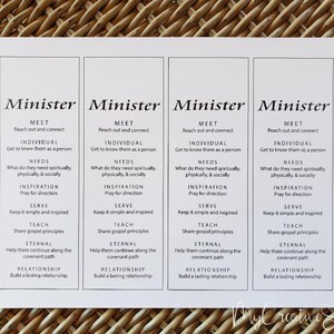 May include: Four white cards with black text outlining the steps to minister to someone. The steps are: Meet, Individual, Needs, Inspiration, Serve, Teach, Eternal, Relationship.