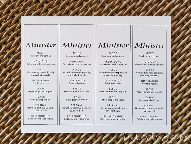 May include: Four white cards with black text outlining the steps to minister to someone. The steps are: Meet, Individual, Needs, Inspiration, Serve, Teach, Eternal, Relationship.