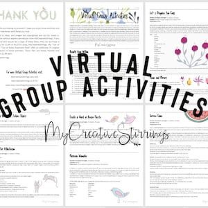 May include: A printable PDF document with instructions for virtual group activities. The document features a colorful design with illustrations of birds and flowers. The title "Virtual Group Activities" is written in bold black letters.