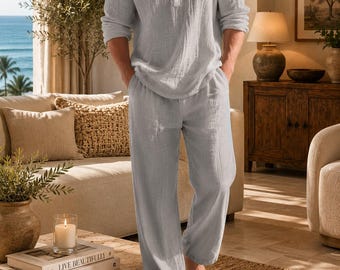 Men's Linen Two Piece Set, Long Sleeve Shirt and Casual Pants Trousers Beach Outfit