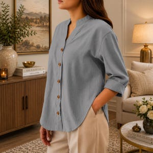 Camisa Henley de algodón y lino con cuello alto para mujer, blusa informal de manga larga con botones delanteros.