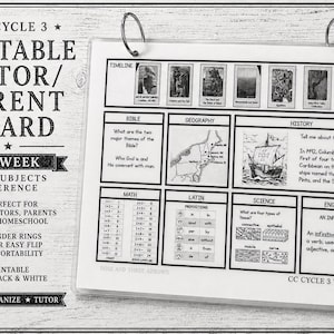 May include: A white educational board with black text and illustrations, titled CC CYCLE 3 PORTABLE TUTOR/PARENT BOARD. It features sections for Timeline, Bible, Geography, History, Math, Latin, Science, and English, held by two metal binder rings.