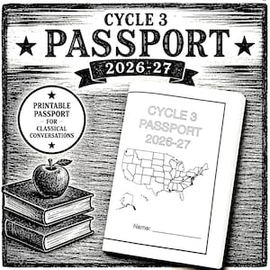 May include: A black and white graphic featuring the text Cycle 3 Passport 2026-27, a stack of two books topped with an apple, and a booklet cover displaying a map of the United States with the text Cycle 3 Passport 2026-27 and a line for a name.