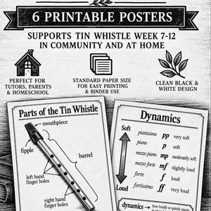 Puede incluir: Un conjunto de seis pósteres imprimibles titulados Tin Whistle Tutor Board Add On. Los pósteres incluyen ilustraciones en blanco y negro, un diagrama de las partes de un tin whistle, una tabla de dinámica y definiciones musicales.