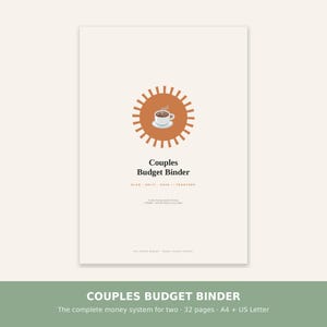 Puede incluir: Una portada de documento color crema titulada Couples Budget Binder con un gráfico central de una taza de café dentro de un icono de sol. El texto incluye Plan - Split - Save - Together y un sistema de dinero para dos personas.
