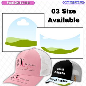 May include: A digital design template for a trucker hat featuring the text Trucker Hat Canva Template, 03 Size Available, and Instant Download. Includes two hat mockups, one pink and one black, with graphic design elements and file formats.