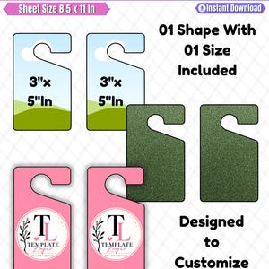 May include: A digital parking permit tag template featuring a sheet size of 8.5 x 11 inches. The design includes multiple hanging tag shapes in light blue with a landscape graphic, solid dark green, and pink with a circular logo reading Template Linger.