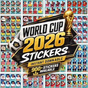 以下が含まれることがあります： 金色のトロフィー、数字の26が入ったサッカーボール、WORLD CUP 2026 STICKERS INSTANT DOWNLOADABLE 900+ STICKERS AVAILABLEというテキストが描かれた、選手ポートレートのグリッド上に表示されるワールドカップ2026ステッカーのデジタルコレクション。