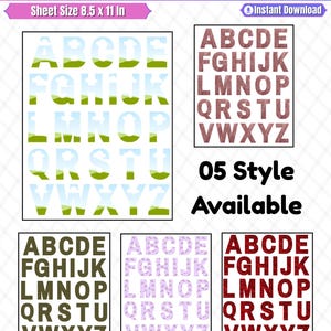 May include: A digital resin letter template sheet measuring 8.5 by 11 inches, featuring five distinct alphabet styles including a landscape scene, rose gold glitter, solid dark green, light purple floral, and deep red glitter textures.