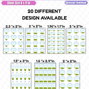 May include: A digital file set of Keychain Canva Templates featuring 20 different designs on an 8 x 11 inch sheet. The graphic displays various shapes including hearts, shirts, bones, and circles with dimensions ranging from 1.5 x 3 to 2.3 x 2 inches.