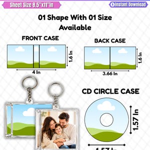 May include: A digital template for a mini album CD keychain featuring a front case, back case, and circular CD insert. The design includes dimensions of 4 inches by 1.6 inches, 3.66 inches by 1.6 inches, and 1.57 inches for the circular CD case.