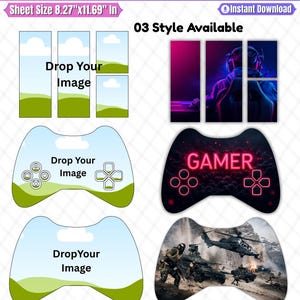 Könnte beinhalten: Eine digitale Vorlage für Gaming-Controller mit dem Text Gaming Controller Canva Template und Sheet Size 21,0 cm x 29,7 cm. Das Layout enthält Platzhalter für Bilder, drei Controller-förmige Designs und Symbole für Dateiformate.