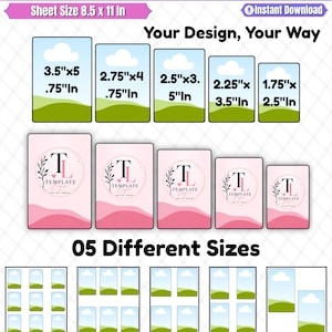May include: A digital card template bundle featuring five different sizes on an 8.5 x 11 inch sheet. The templates include landscape designs with clouds and hills, and pink designs with a circular logo. File formats include SVG, PNG, DXF, EPS, and PDF.