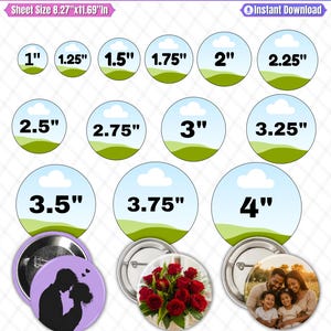 May include: A digital button pin Canva template featuring various circular sizes from 1 inch to 4 inches. The graphic displays a landscape illustration of a blue sky with clouds and green hills, alongside example buttons showing a couple silhouette, red roses, and a family photo.
