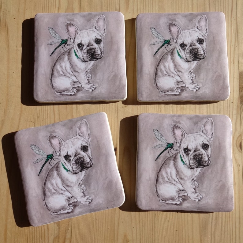 bulldog Drinking water animal ceramic dog art tile coaster gift artwork