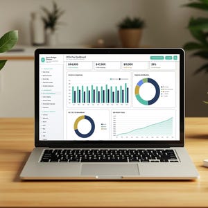 Pode incluir: Um portátil prateado exibindo uma interface All in One Dashboard com dados financeiros, incluindo gráficos de barras, gráficos circulares e um gráfico de linhas de tendência do patrimônio líquido, além de categorias de orçamento.