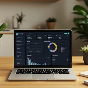 Op de afbeelding: Een zilveren laptop met een donker thema trouw-dashboard interface met financiële gegevens, een kleurrijke ringgrafiek en een staafdiagram. Het scherm toont tekst waaronder Wedding Dashboard en Spending by Category.
