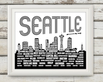 Seattle, Seattle Neighborhoods, Seattle Skyline, Seattle Washington, Seattle Art, Seattle Print, Seattle Poster, Seattle Typography
