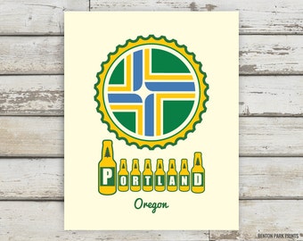 Portland Oregon, Beer Print, Portland, Oregon, Beer Art, Homebrew, Brewery, Brewer Gift, Brewer Artwork, Brewery Print, Bottles, Bottle Cap