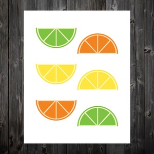 May include: Six half-circle slices of citrus fruit in green, orange, and yellow. The slices are arranged in two rows of three.