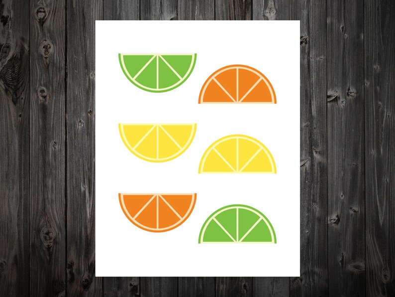 May include: Six half-circle slices of citrus fruit in green, orange, and yellow. The slices are arranged in two rows of three.