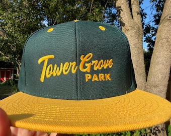 Tower Grove Park Hat, St. Louis Embroidered Green & Gold Decky Snapback Cap