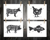 4 Butcher Diagram Prints, Cow, Pig, Fish, Chicken, Kitchen Print, Butcher Chart, Kitchen Art, Butcher Diagram, Butcher Prints, Cuts of Meat
