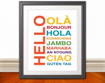 Hello Bonjour Hola Wall Art, Kids Wall Art, Nursery Art, Home Decor, Home Wall Art, Apartment Art, Apartment Print, Custom Color - 11x14