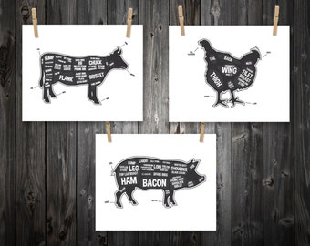 Cow, Pig, Chicken, Butcher Diagram, Butcher Chart. Kitchen Sign, Kitchen Print, Kitchen Art, Bacon Print, Kitchen Decoration - 3 Prints