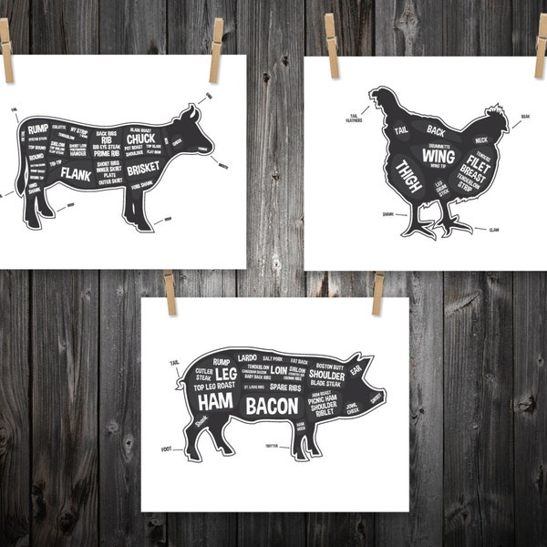 Cow, Pig, Chicken, Butcher Diagram, Butcher Chart. Kitchen Sign, Kitchen Print, Kitchen Art, Bacon Print, Kitchen Decoration - 3 Prints