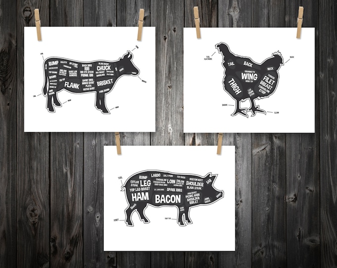Cow, Pig, Chicken, Butcher Diagram, Butcher Chart. Kitchen Sign, Kitchen Print, Kitchen Art, Bacon Print, Kitchen Decoration - 3 Prints