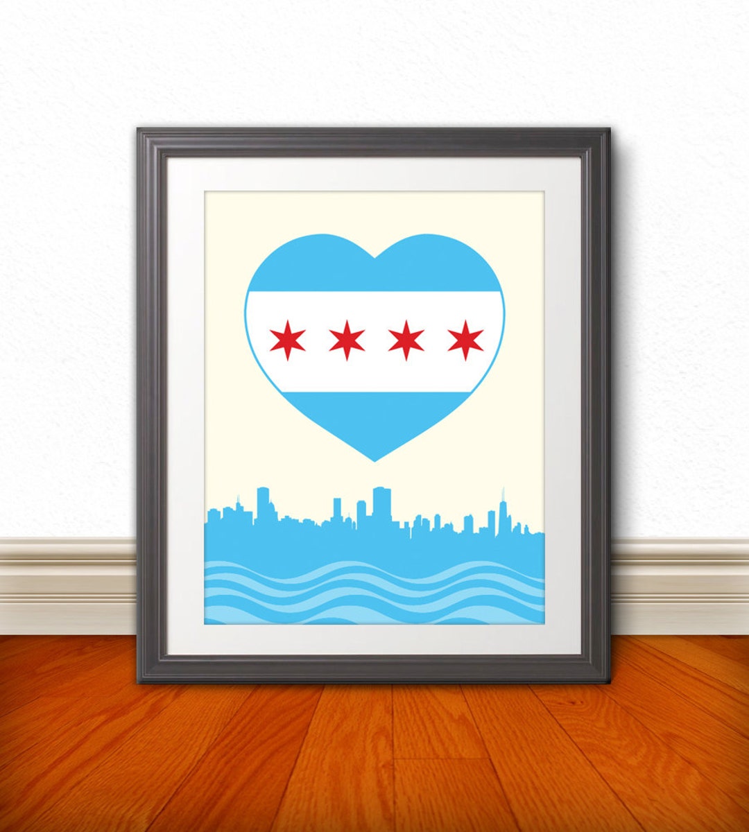 Chicago, Chicago Heart Flag With Skyline, Chicago Poster, Chicago Print, Chicago Sign, Chicago