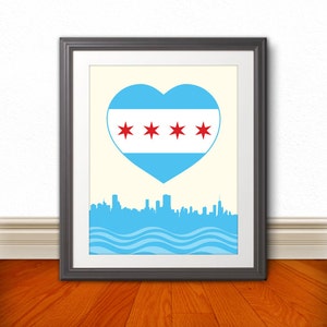 Chicago, Chicago Heart Flag with Skyline, Chicago Poster, Chicago Print, Chicago Sign, Chicago Art, 6 Sizes