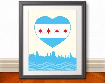 Chicago, Chicago Heart Flag with Skyline, Chicago Poster, Chicago Print, Chicago Sign, Chicago Art, 6 Sizes