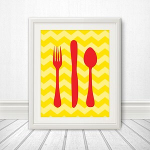 Fork Knife Spoon Print Poster, Mid Century Art, Chevron Print, Kitchen Art, Retro, - Fork Knife Spoon Yellow Chevron 11x14