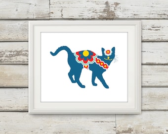 Swedish Dala Cat, Swedish Horse, Cats Art, Cat Decor, Cats, Swedish Dala Horse, Cat Wall Art, Home Decor, Cat Print, Single Print Listing