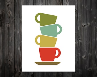 Mid Century Cups, Coffee Cups, Coffee, Tea, Home Decor, Kitchen, Kitchen Art, Kitchen Decor, Kitchen Print, Kitchen Poster, Coffee Cup