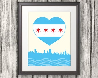 Chicago Heart Flag with Skyline, Chicago Poster Print, Chicago Art, CHI, Chicago, Illinois, Skyline Art, Chicago Flag