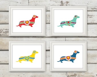 Dachshund, Dachshund Print, Dachshund Art, Swedish Dala Dachshund, Swedish Dala Horse, Wiener Dog, Home Decor, Swedish Horse, 4 Prints