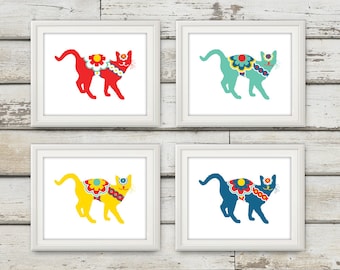 Swedish Dala Cats, Cats Art , Cats, Swedish Dala Horse, Cat Decor, Cat Wall Art, Cat Gift, Swedish Horse, Cats Print, 4 Print Set