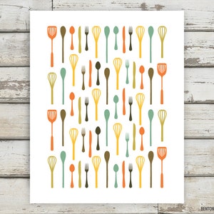 Fun Kitchen Art, Utensil Forest Print, Kitchen Decor, Fork, Knife, Spoon, Spatula, Ladle, Wall Art, Apartment Artwork