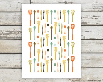 Fun Kitchen Art, Utensil Forest Print, Kitchen Decor, Fork, Knife, Spoon, Spatula, Ladle, Wall Art, Apartment Artwork